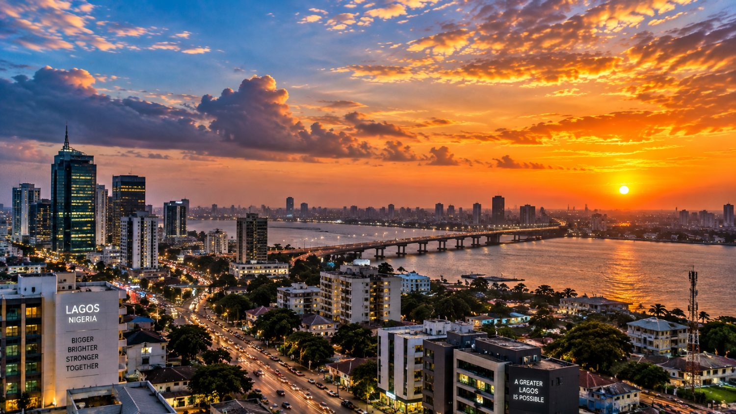 Lagos city skyline and bridge at sunset, Nigeria
