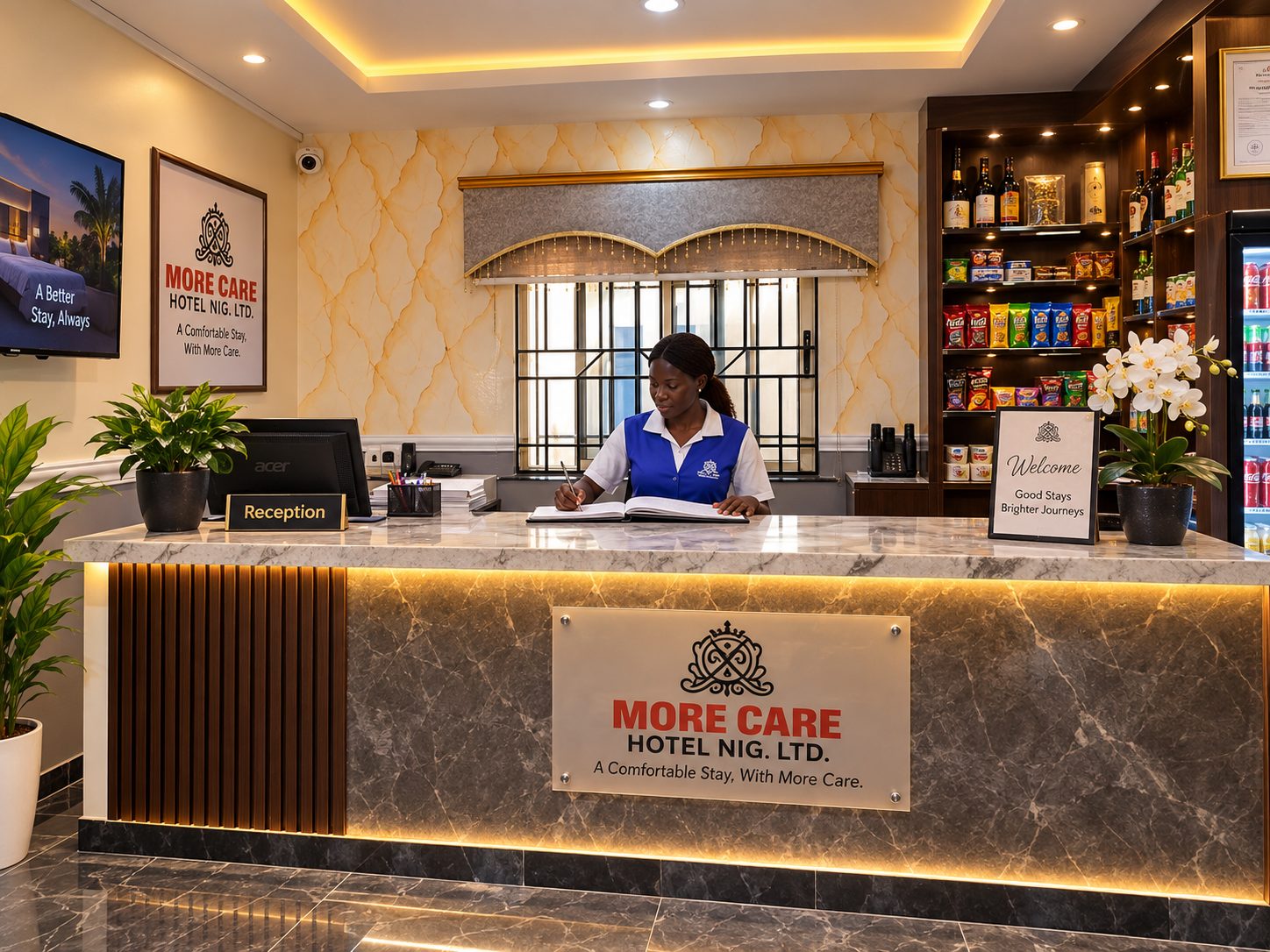 Reception and supermarket shelves at More Care Hotel
