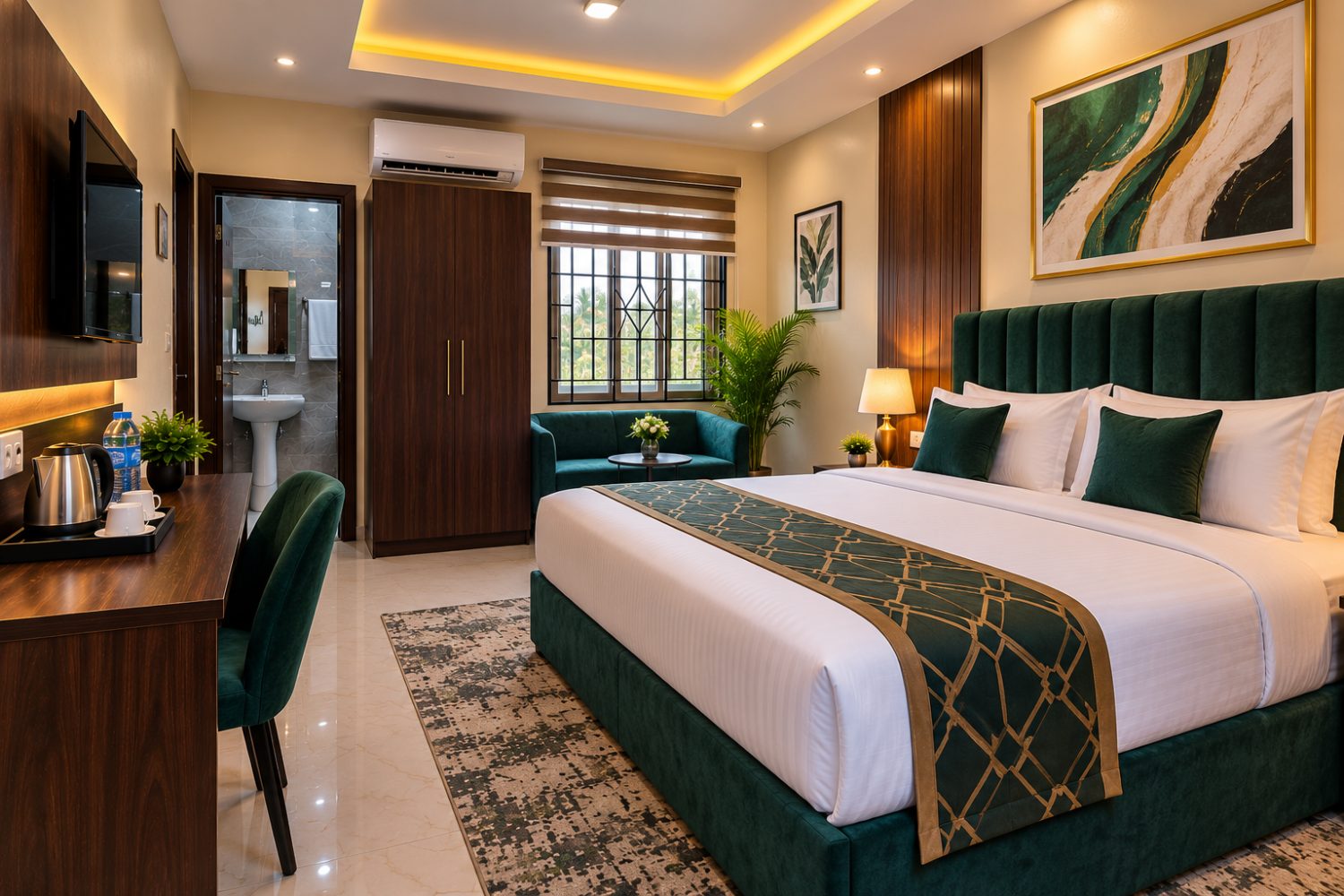 Upstairs room with king bed, seating and en-suite at More Care Hotel